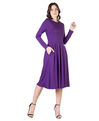 24seven Comfort Apparel Petite Midi Fit N Flare Pocket Dress In Purple