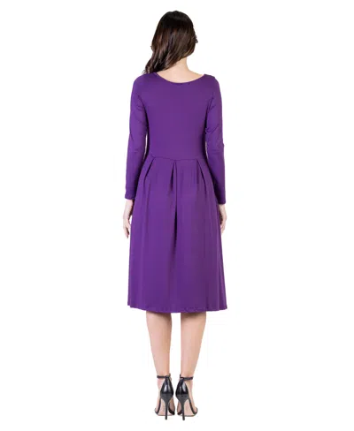 24seven Comfort Apparel Petite Midi Fit N Flare Pocket Dress In Purple