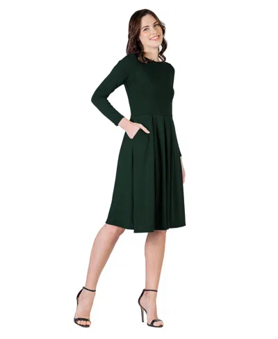 24seven Comfort Apparel Petite Midi Fit N Flare Pocket Dress In Green