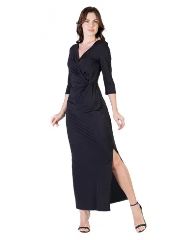 24seven Comfort Apparel Petite Fitted V-neck Side Slit Maxi Dress In Black