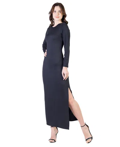 24seven Comfort Apparel Petite Long Sleeve Side Slit Fitted Maxi Dress In Blue
