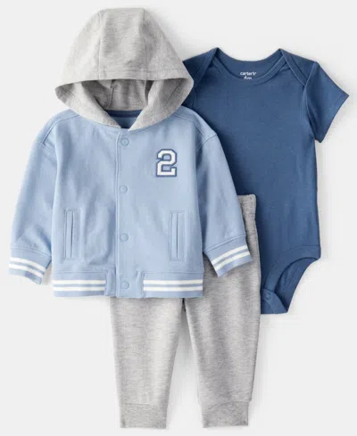 Carter's Baby Boys 3-piece French Terry Long-sleeve Jacket, Bodysuit And Pants Set In Blue