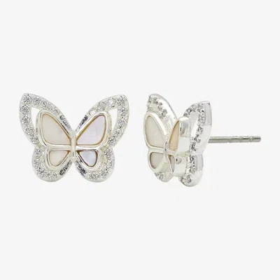Sparkle Allure Halo White Mother Of Pearl Cultured Freshwater Pearl 13mm Butterfly Stud Earrings In Transparent