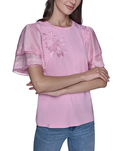 Karl Lagerfeld Floral Knit Flutter Sleeve Top In Pink