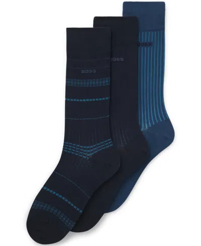 Hugo Boss Men's Ribbed Stripe Socks, 3-pack In Blue