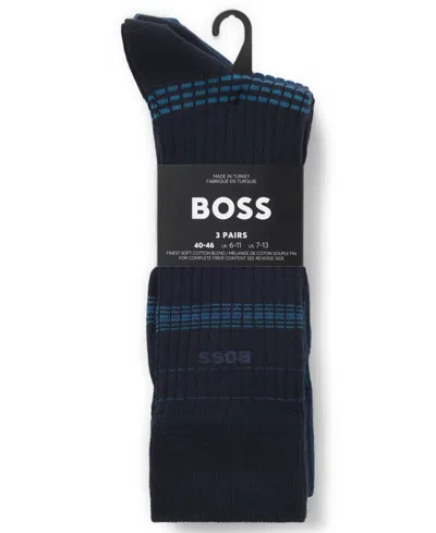 Hugo Boss Men's Ribbed Stripe Socks, 3-pack In Blue