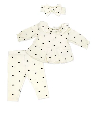 Baby Mode Baby Girls' Tiny Hearts Print Top, Leggings And Headband, 3-piece Set In Neutral
