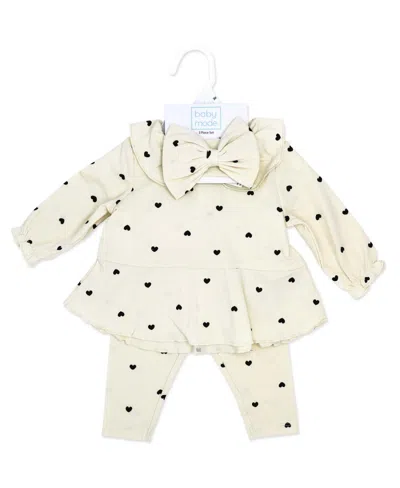 Baby Mode Baby Girls' Tiny Hearts Print Top, Leggings And Headband, 3-piece Set In Neutral
