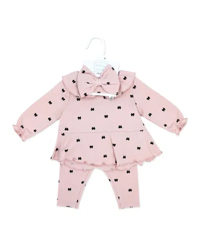 Baby Mode Baby Girls' Tiny Bows Print Top, Leggings And Headband, 3-piece Set In Pink