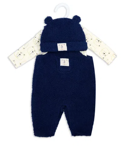 Baby Mode Baby Boys' Bears Print Overall, Bodysuit And Cap, 3-piece Set In Blue