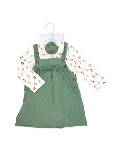 Baby Mode Baby Girls' Fall Sprigs Print Jumper, Bodysuit And Headband, 3-piece Set In Green