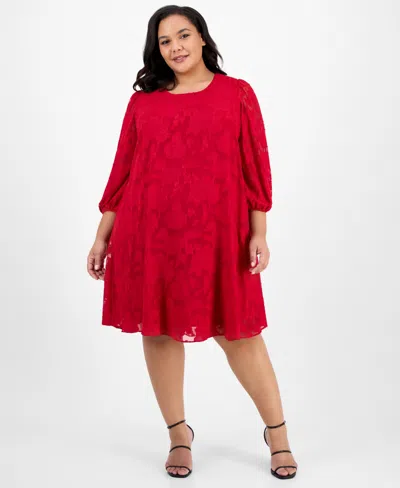 Robbie Bee Plus Size Floral Burnout Blouson-sleeve Shift Dress In Red