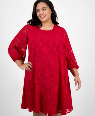 Robbie Bee Plus Size Floral Burnout Blouson-sleeve Shift Dress In Red