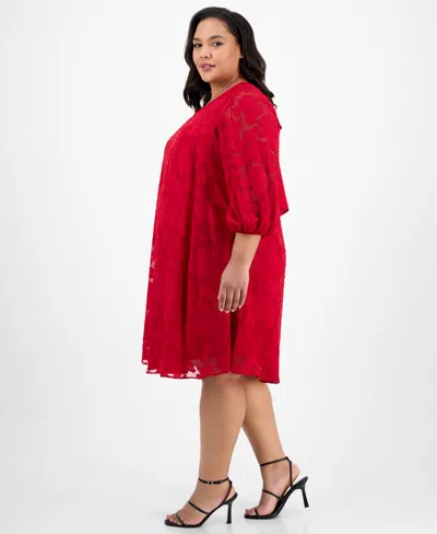 Robbie Bee Plus Size Floral Burnout Blouson-sleeve Shift Dress In Red