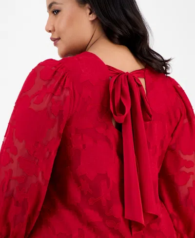 Robbie Bee Plus Size Floral Burnout Blouson-sleeve Shift Dress In Red