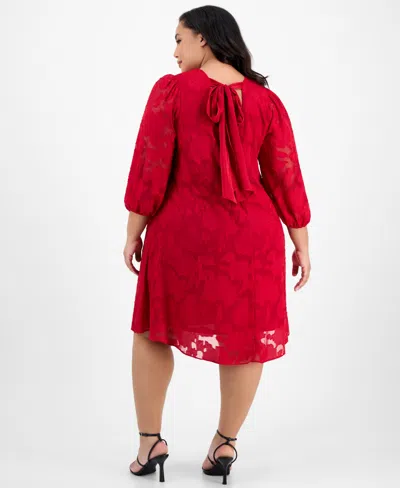 Robbie Bee Plus Size Floral Burnout Blouson-sleeve Shift Dress In Red