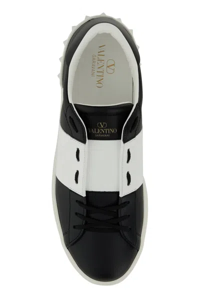 Valentino Garavani Black Leather Open Sneakers With White Band In Multi