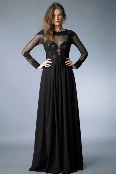 Basix Black Label Long Sleeve Embroidered Evening Gown In Black