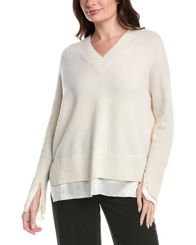Lafayette 148 New York Petite Charmeuse Trimmed V-neck Sweater In White