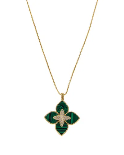 Juvell Plated Lab-grown Malachite Cz Clover Necklace In Gold