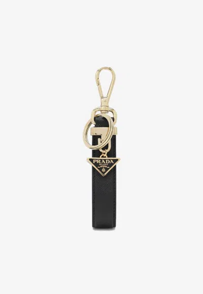 Prada Saffiano Leather Keyring In Black