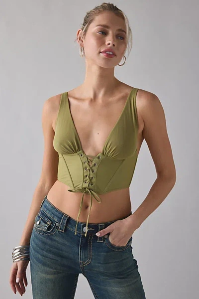 Out From Under Midnight Muse Plunging Lace Up Corset In Olive, Women's At Urban Outfitters In Green
