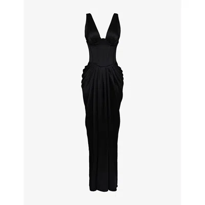 House Of Cb Womens Black Angeline Hourglass Plunge-neck Satin Maxi Dress In Black