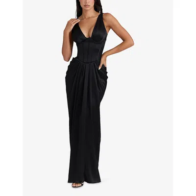 House Of Cb Womens Black Angeline Hourglass Plunge-neck Satin Maxi Dress In Black