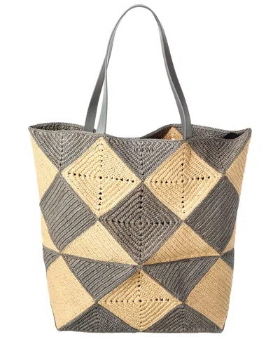Loewe Puzzle Fold Raffia & Leather Tote In Multi