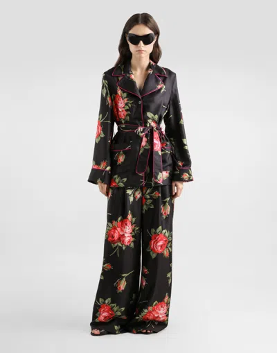 Dolce & Gabbana Wide Twill Trousers With Rose Bouquet Print In Multi