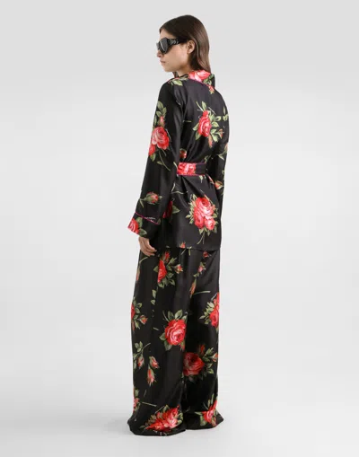 Dolce & Gabbana Wide Twill Trousers With Rose Bouquet Print In Multi