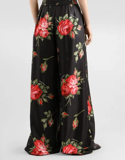 Dolce & Gabbana Wide Twill Trousers With Rose Bouquet Print In Multi