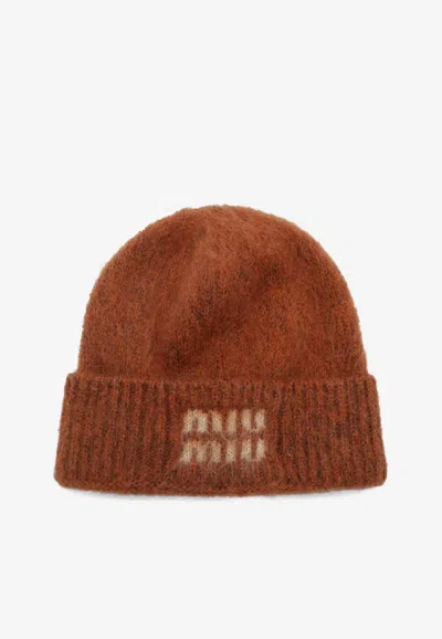 Miu Miu Wool Jacquard Beanie In Brown