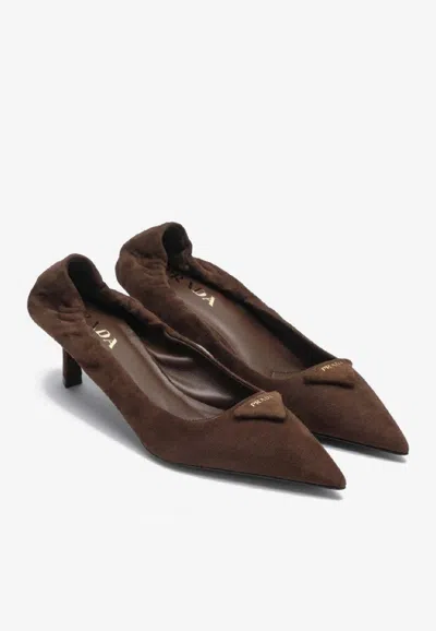 Prada 55 Logo-engraved Suede Pumps In Brown
