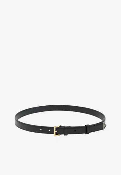Prada Saffiano Leather Belt With Enameled Triangle Logo In Black