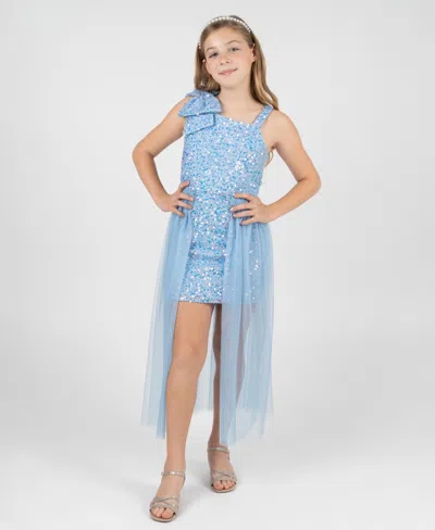 Rare Editions Girls 7-16 Fuzzy Sequin Bow Shoulder Dress In Blue