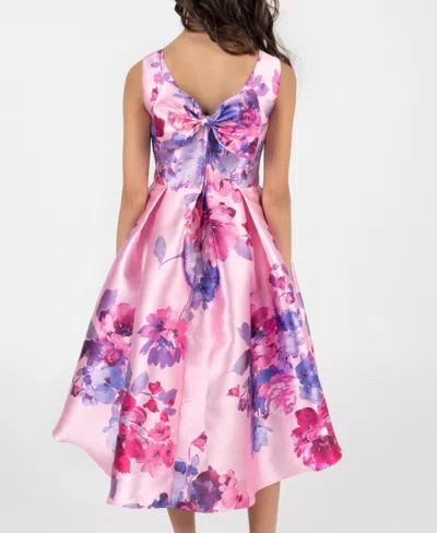 Rare Editions Girls 7-16 Printed Mikado Pleated Hi-low Dress With Back Bow In Multi