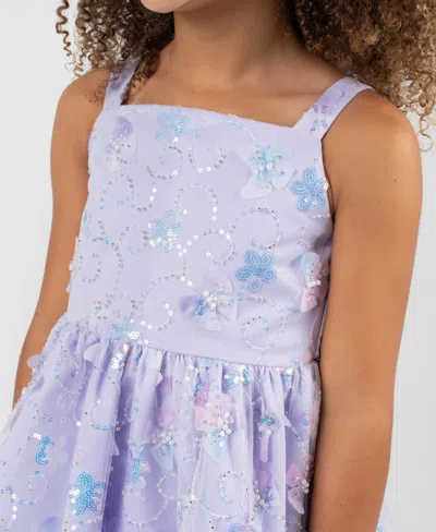 Rare Editions Girls 2t-6x All-over Sequin And 3d Flowers Dress In Blue