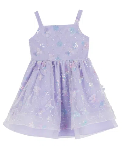 Rare Editions Girls 2t-6x All-over Sequin And 3d Flowers Dress In Blue