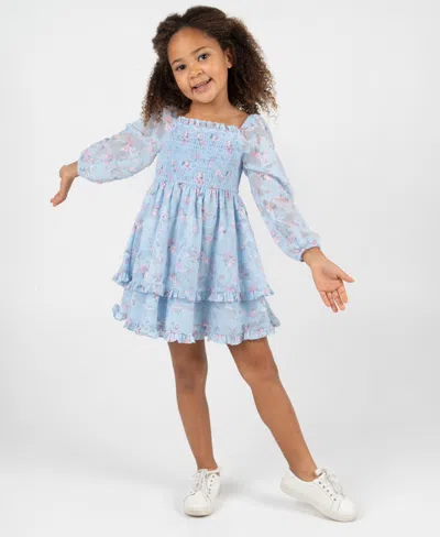 Rare Editions Girls 2t-6x Floral Smocked Long-sleeve Dress In Blue