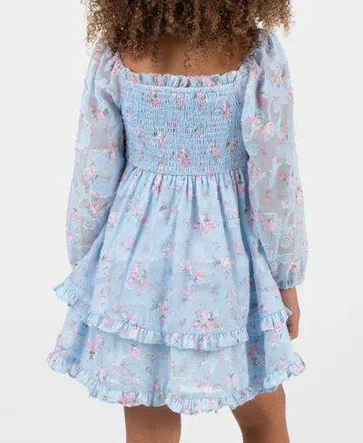 Rare Editions Girls 2t-6x Floral Smocked Long-sleeve Dress In Blue