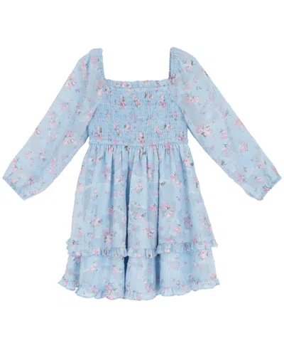 Rare Editions Girls 2t-6x Floral Smocked Long-sleeve Dress In Blue