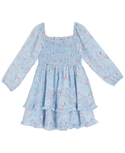 Rare Editions Girls 2t-6x Floral Smocked Long-sleeve Dress In Blue