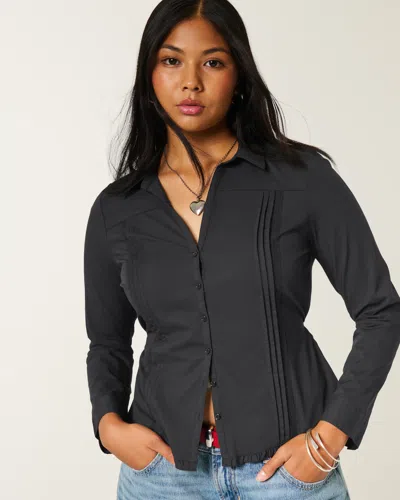 Hollister Lace Inset Button-through Shirt In Black