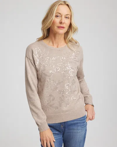 Chico's Floral Sequined Pullover In Taupe In Brown