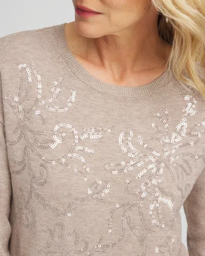 Chico's Floral Sequined Pullover In Taupe In Brown