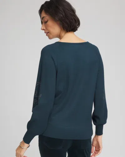 Chico's Heatset Embroidered Pullover In Teal Shadow