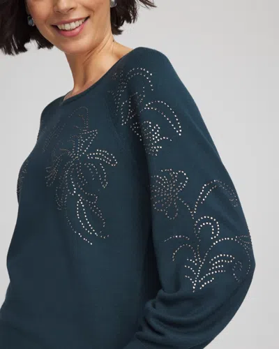 Chico's Heatset Embroidered Pullover In Teal Shadow