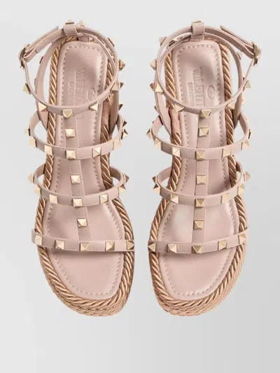 Valentino Wedge Espadrille Sandals Ankle Strap Rockstud In Neutral
