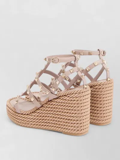 Valentino Wedge Espadrille Sandals Ankle Strap Rockstud In Neutral